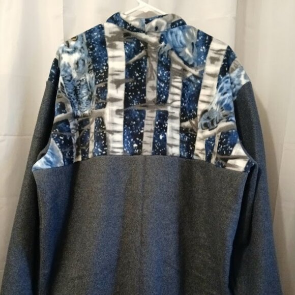 New Fleece Mock neck Sweatshirt XXL Blue Gray Owls contrast Full zip 2 pockets - Picture 10 of 11